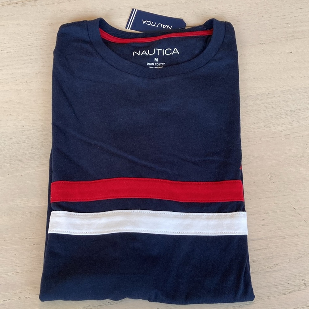 Men's short sleeve navy blue with red and white stripes shirt